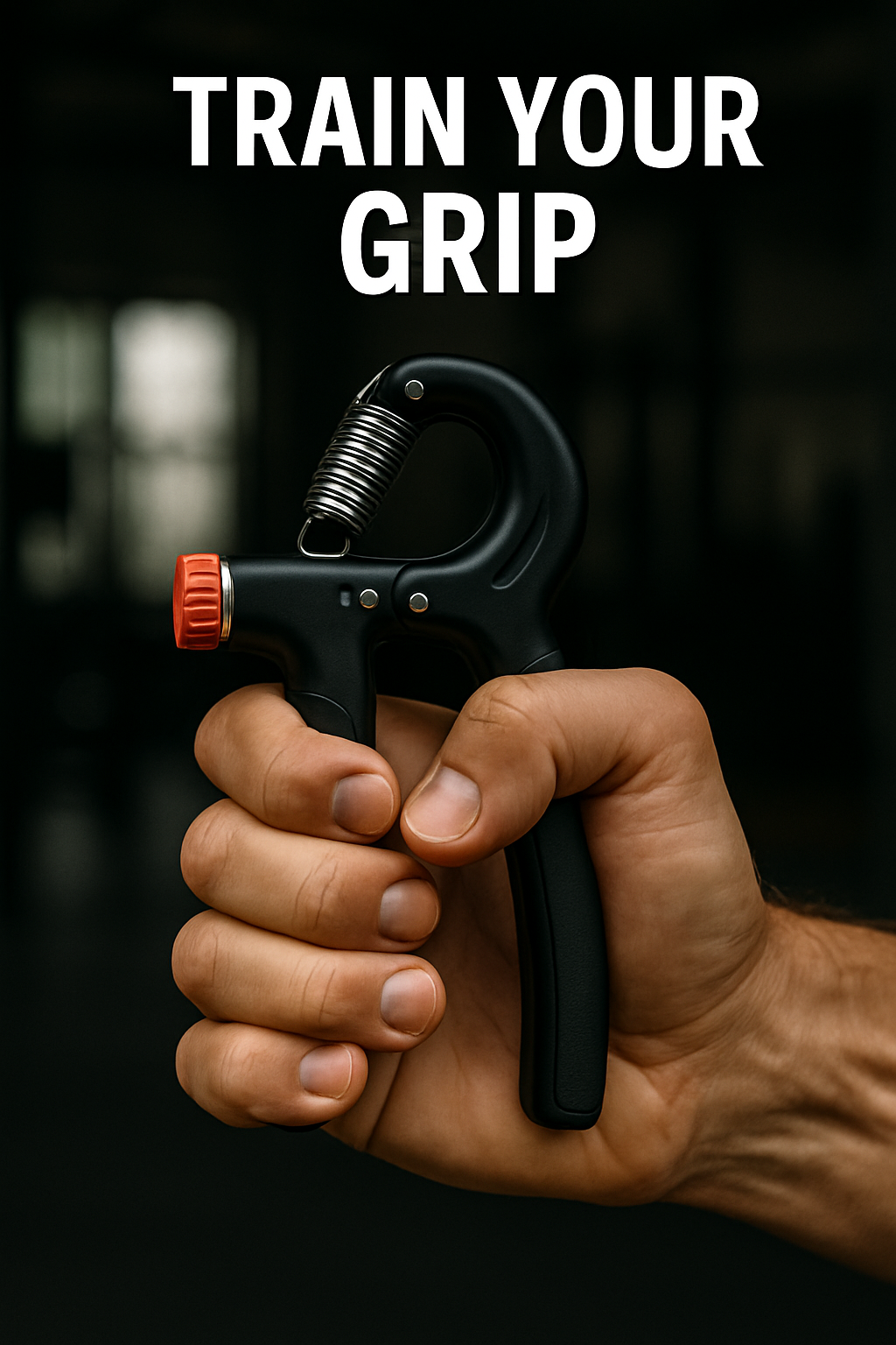 Hand squeezing a black adjustable grip strength trainer with “Train Your Grip” text above