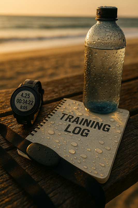 A photo of training equipment on a bench by the beach.