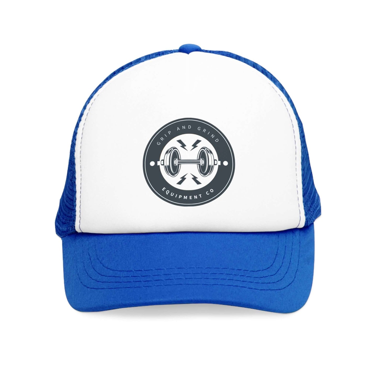 Grip and Grind Trucker Hat in blue and white, featuring barbell logo, perfect for workouts and casual wear.