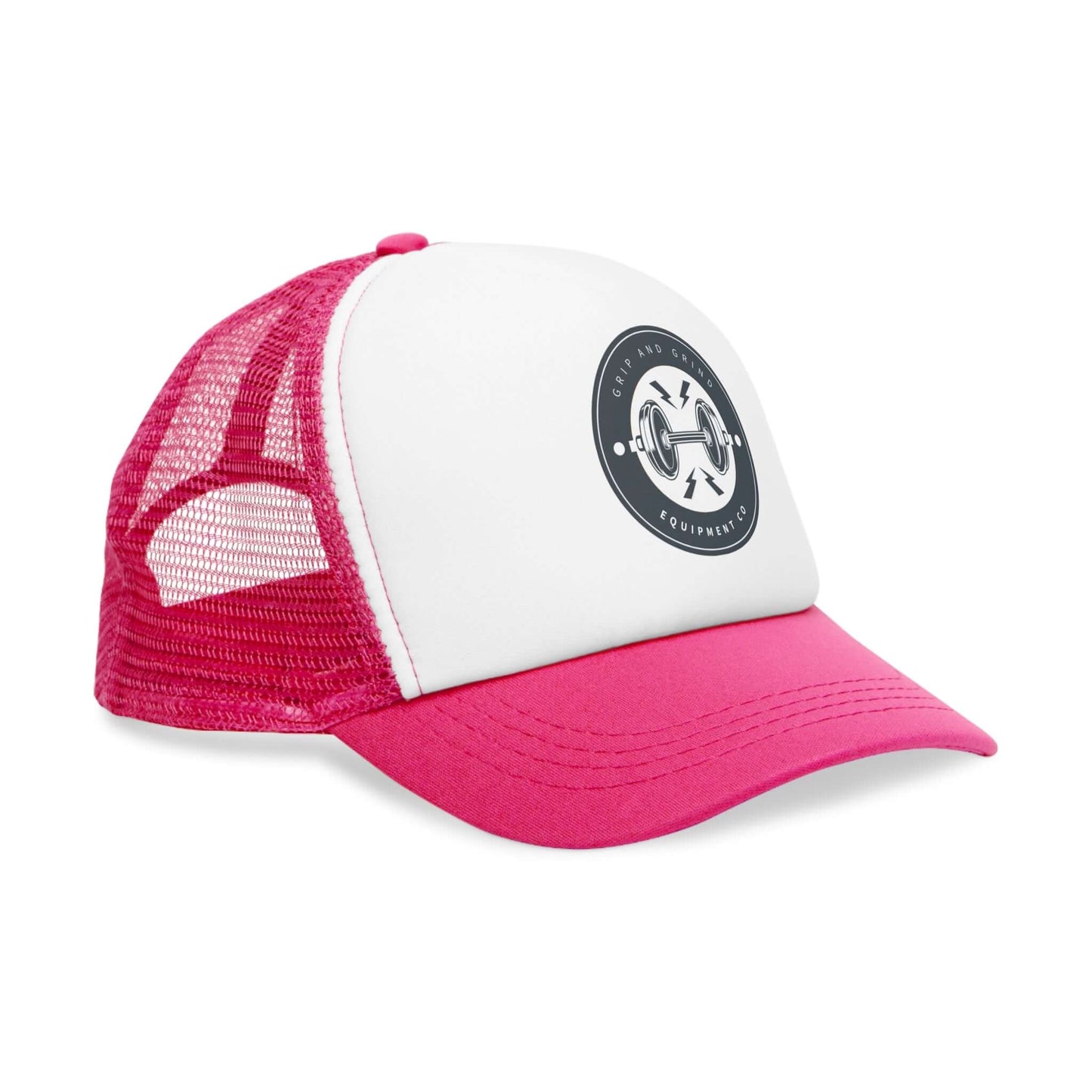 Grip and Grind Trucker Hat in pink and white, designed for workout enthusiasts, adjustable mesh cap for gym and outdoor activities.