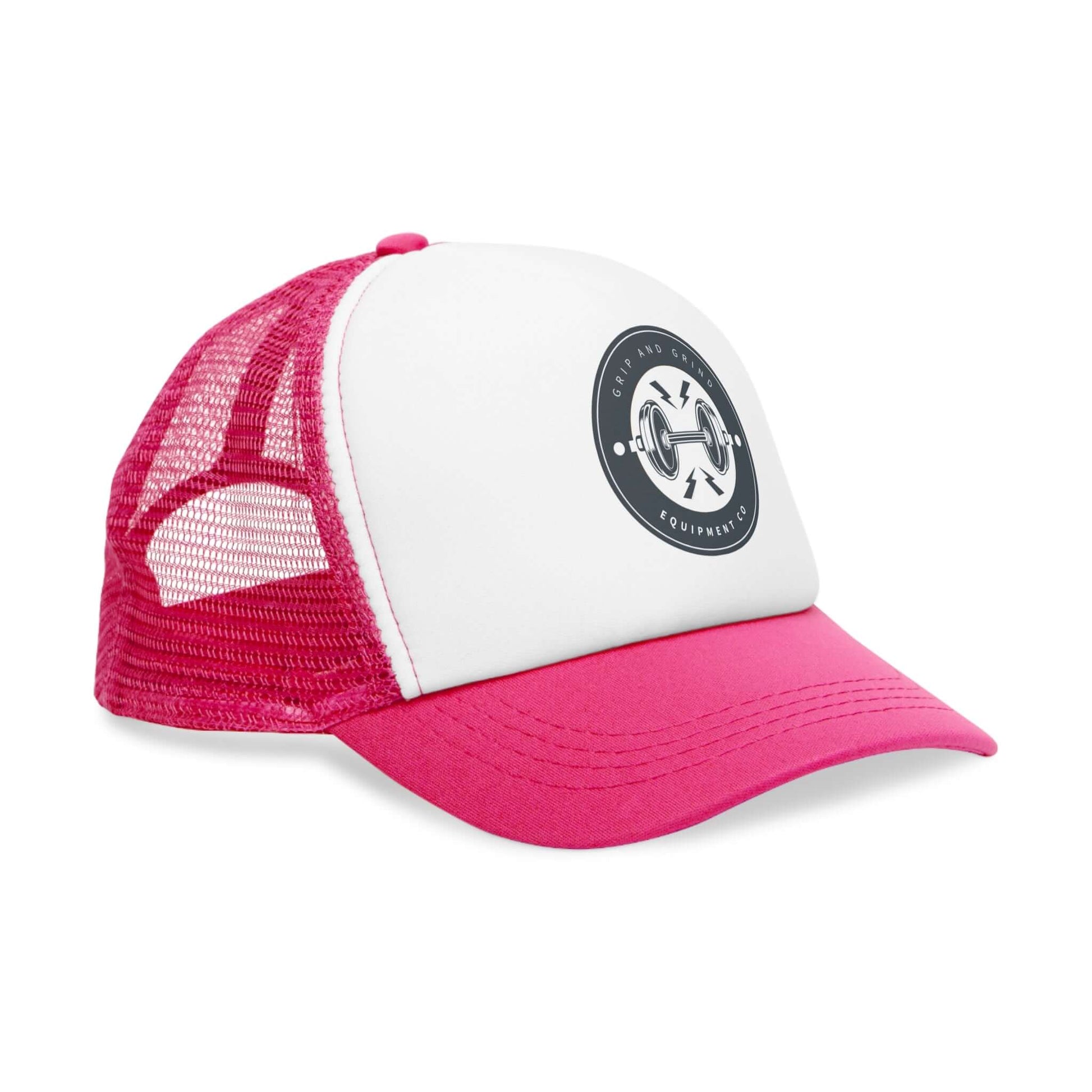 Grip and Grind Trucker Hat in pink and white, designed for workout enthusiasts, adjustable mesh cap for gym and outdoor activities.