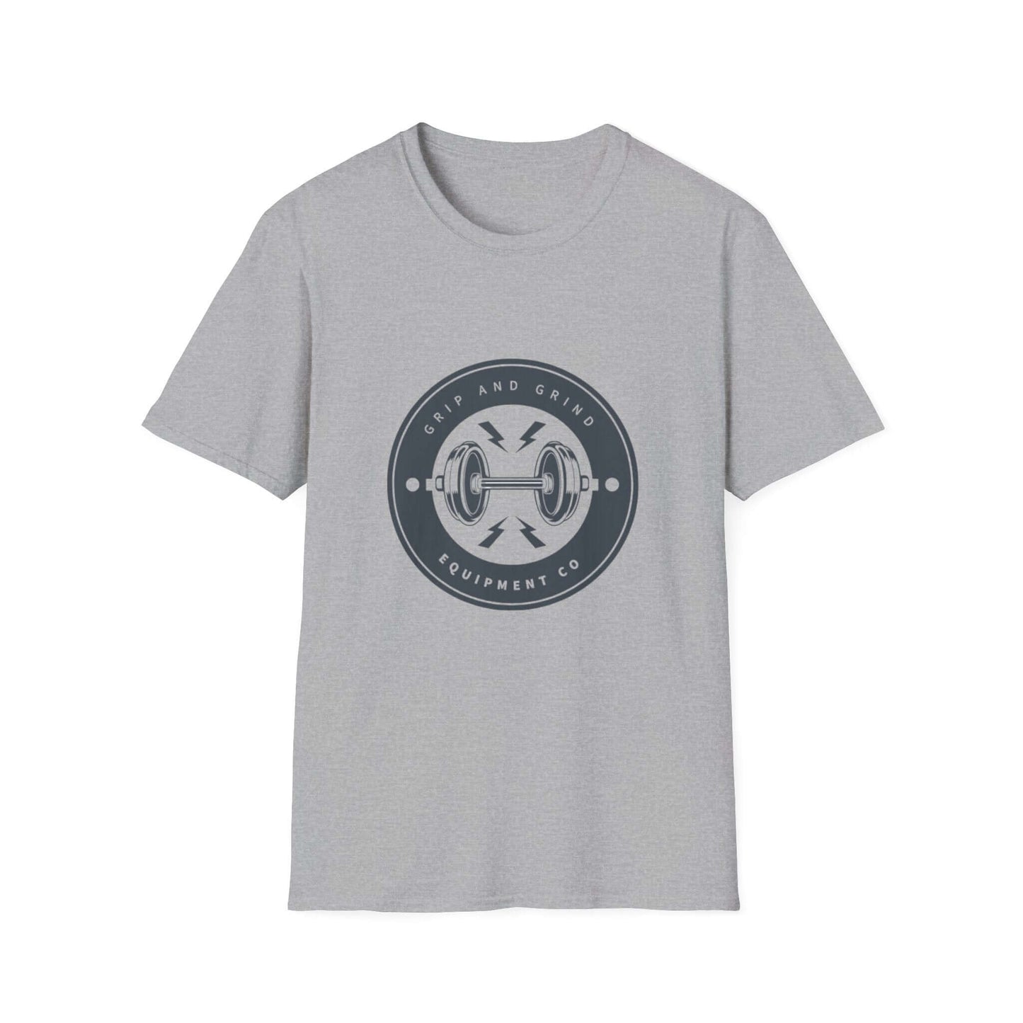 Grip and Grind unisex soft-style t-shirt in sport grey with fitness-themed logo design.