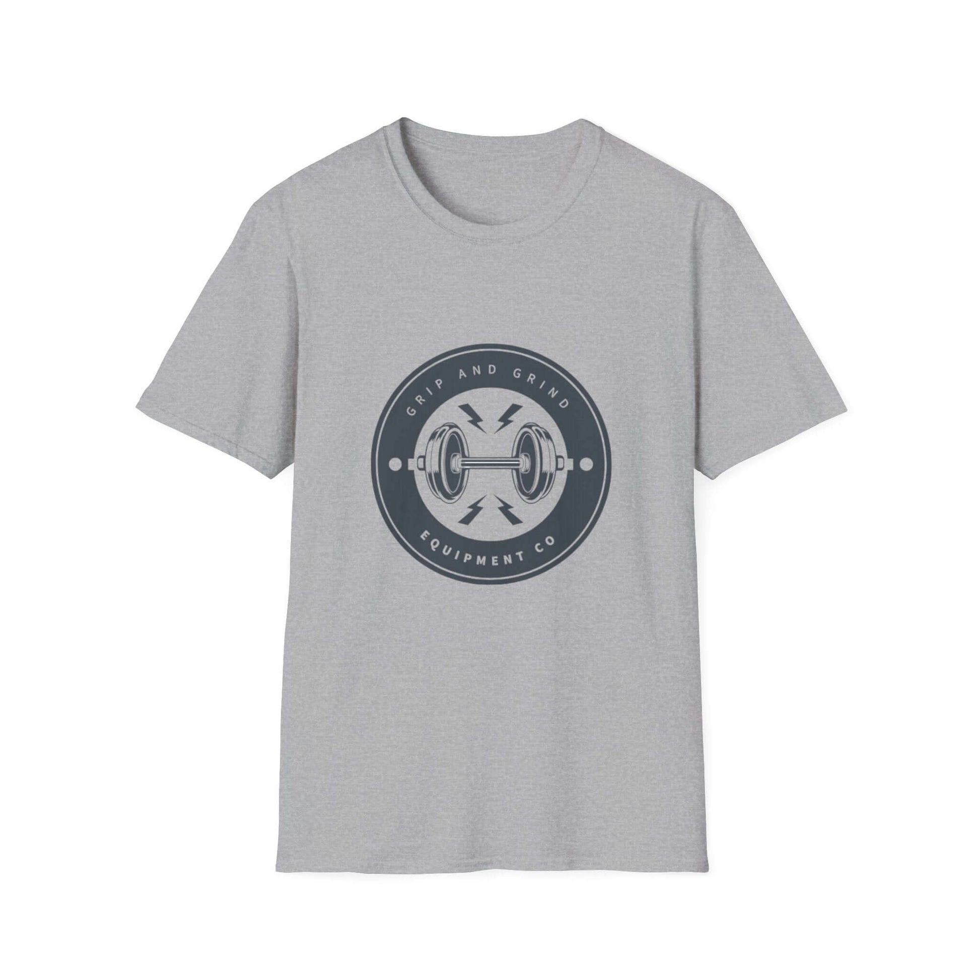 Grip and Grind unisex soft-style t-shirt in sport grey with fitness-themed logo design.
