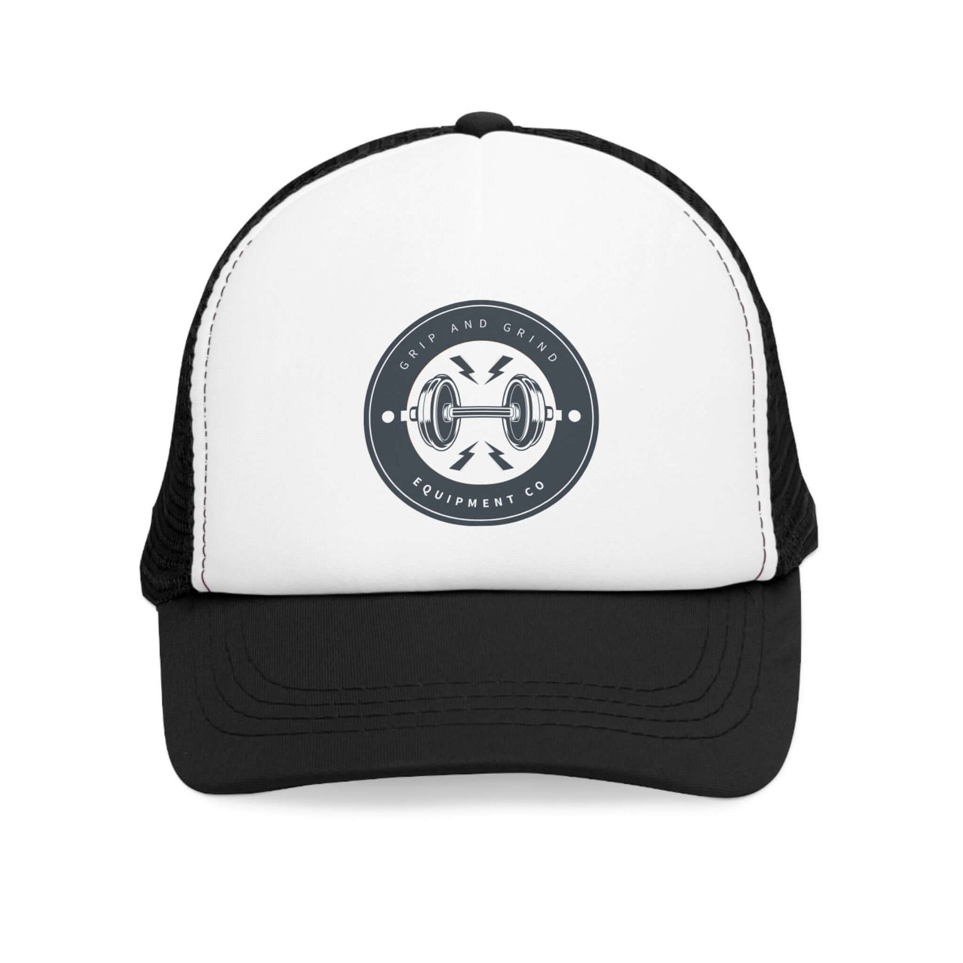 Grip and Grind Trucker Hat with barbell logo, perfect for gym lovers and outdoor activities.