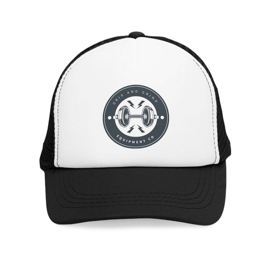 Grip and Grind Trucker Hat with barbell logo, perfect for gym lovers and outdoor activities.