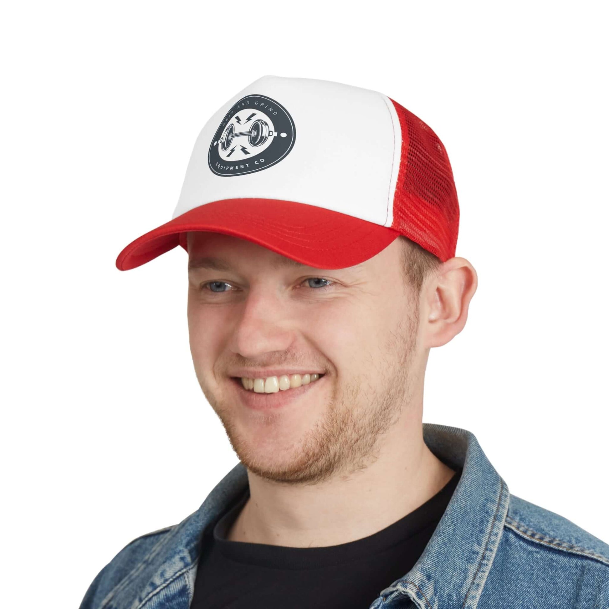 Man wearing Grip and Grind Trucker Hat, a stylish gym cap for workout enthusiasts.