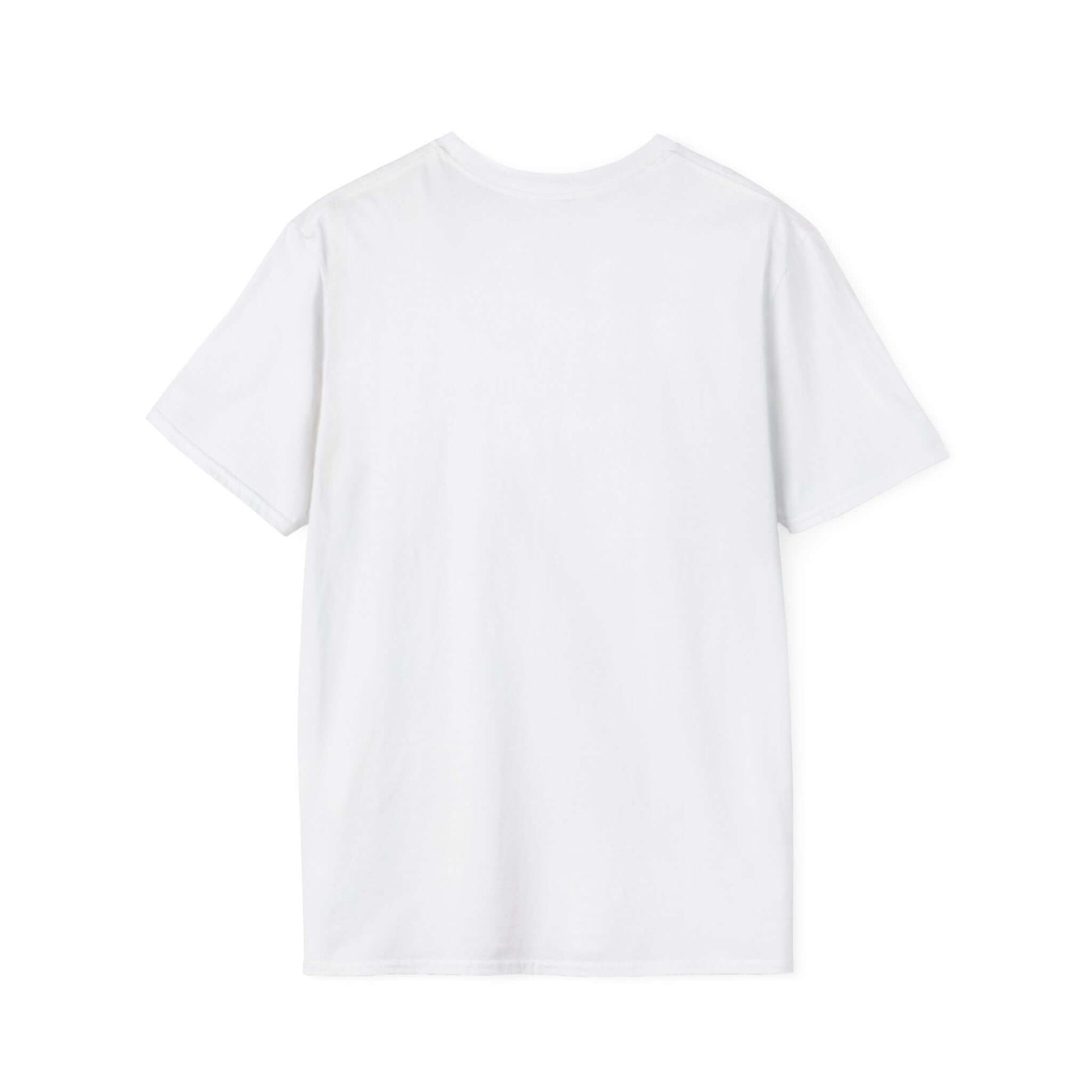 Back view of a soft-style unisex white t-shirt, made from lightweight and breathable 100% cotton.