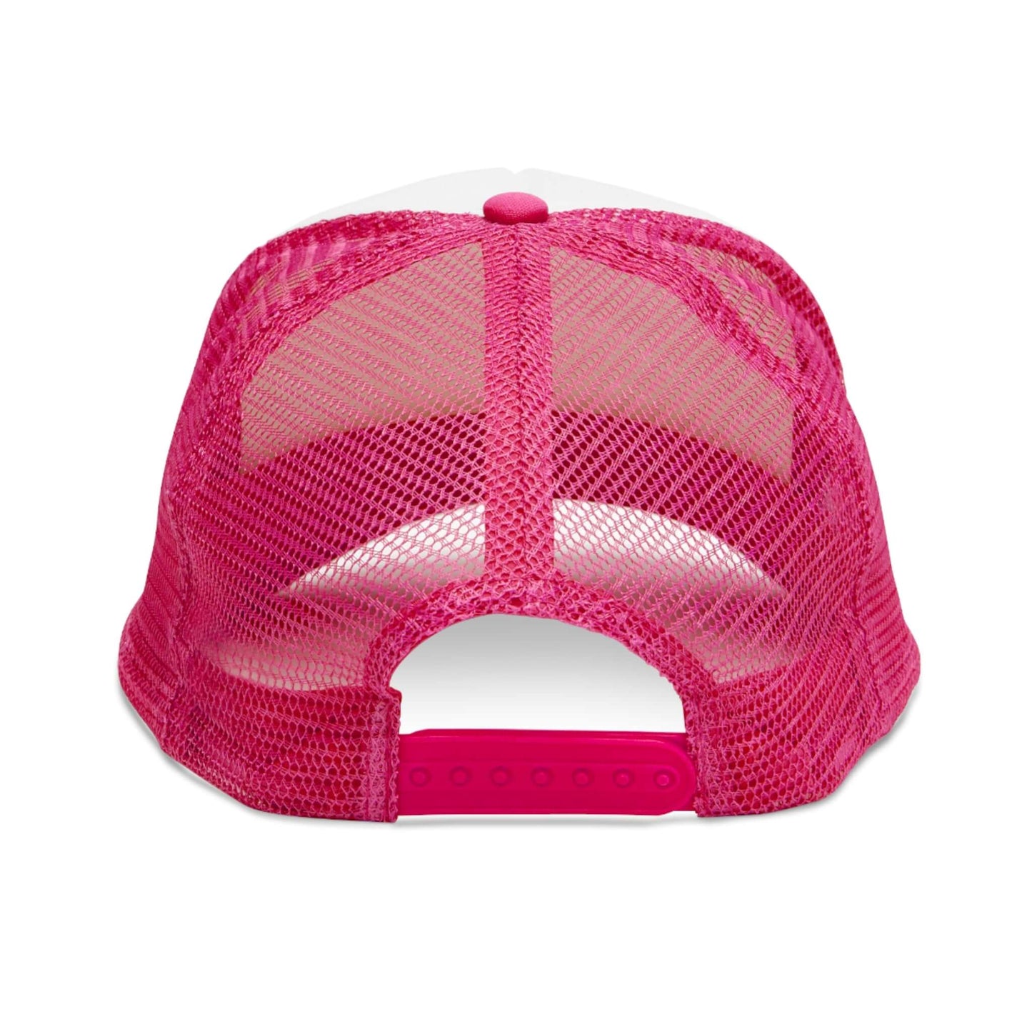 Back view of Grip and Grind Trucker Hat showcasing vibrant pink mesh design and adjustable strap.
