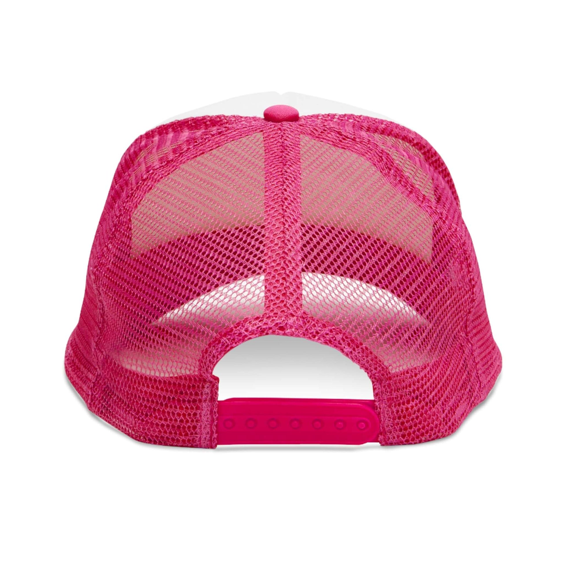 Back view of Grip and Grind Trucker Hat showcasing vibrant pink mesh design and adjustable strap.