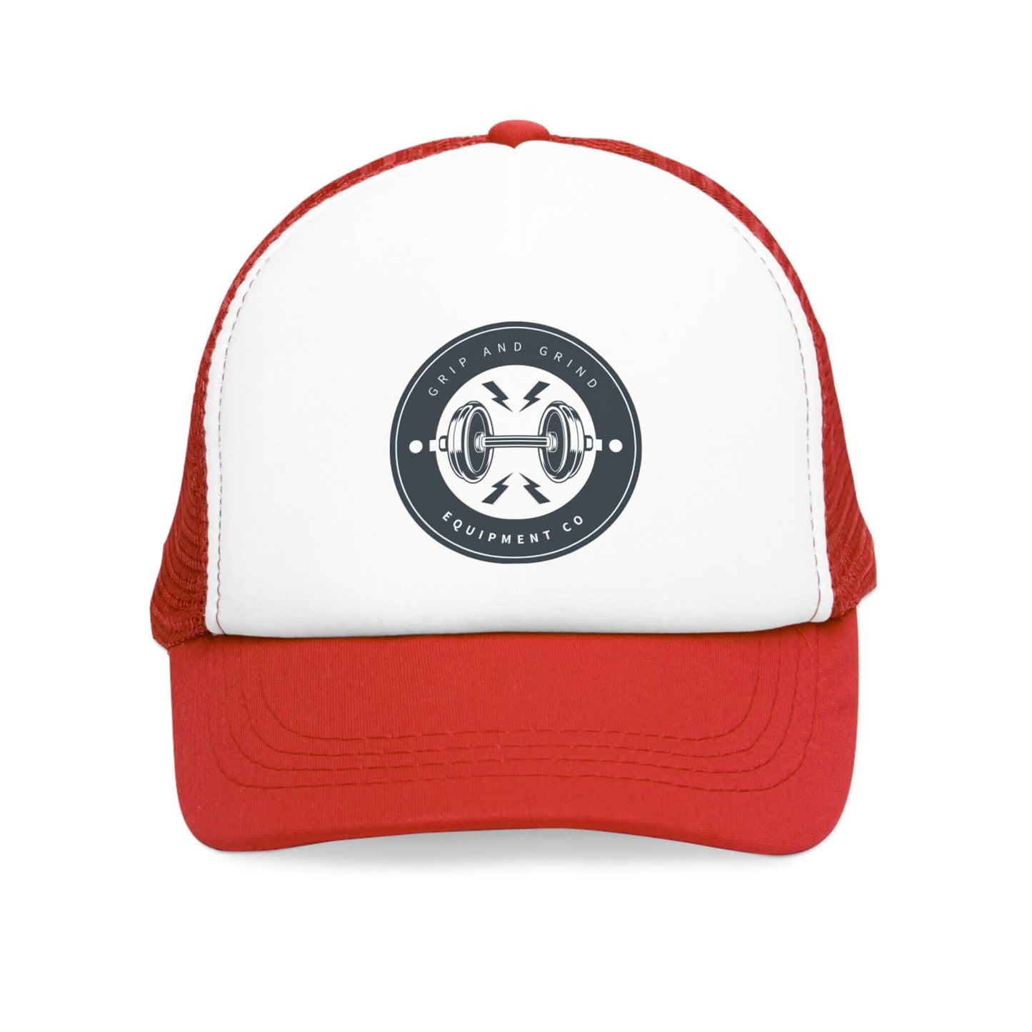 Grip and Grind Trucker Hat with logo; vibrant red and white design for gym enthusiasts and activewear.