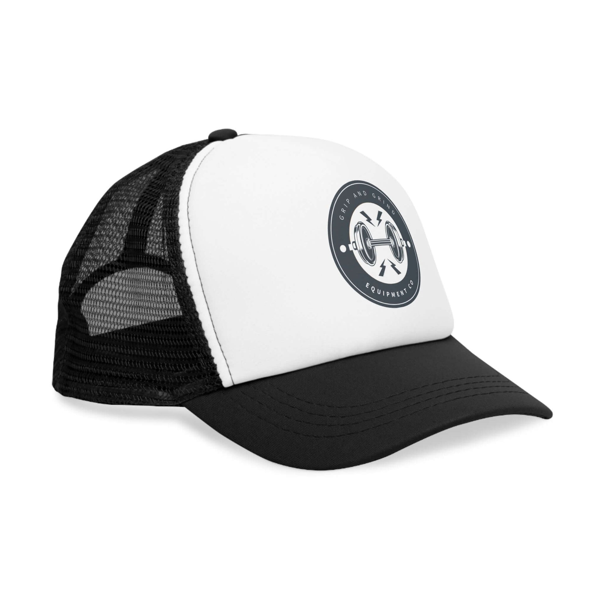 Grip and Grind Trucker Hat in black and white, adjustable, perfect for workouts and outdoor activities.