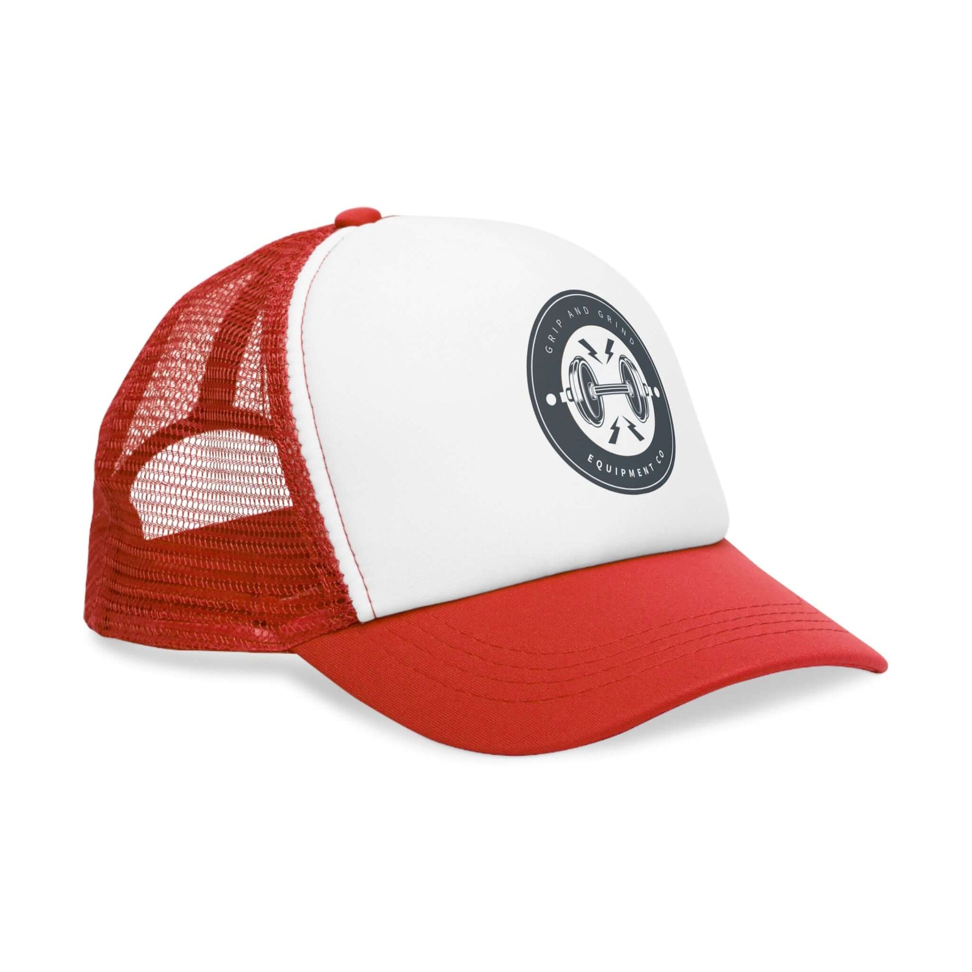 Grip and Grind Trucker Hat in red and white, adjustable cap for gym enthusiasts and sports apparel lovers.