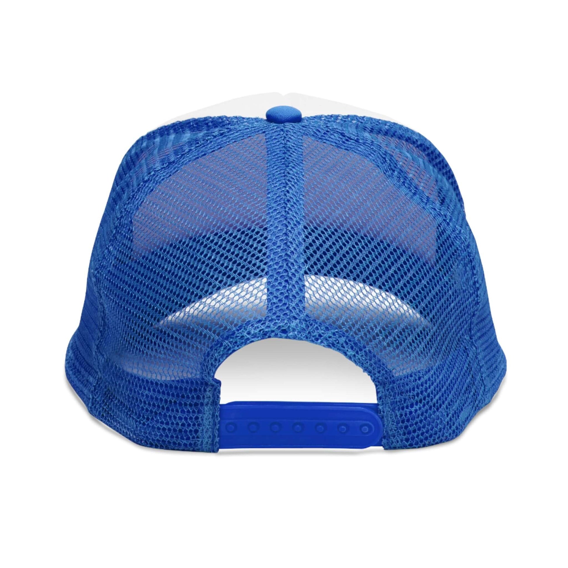 Back view of blue mesh Grip and Grind Trucker Hat, adjustable strap for gym and outdoor activities.