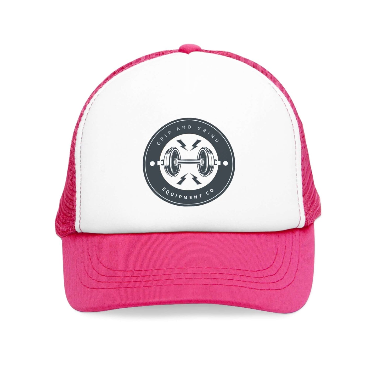 Grip and Grind Trucker Hat with barbell logo, perfect for workouts and outdoor activities, adjustable and stylish.