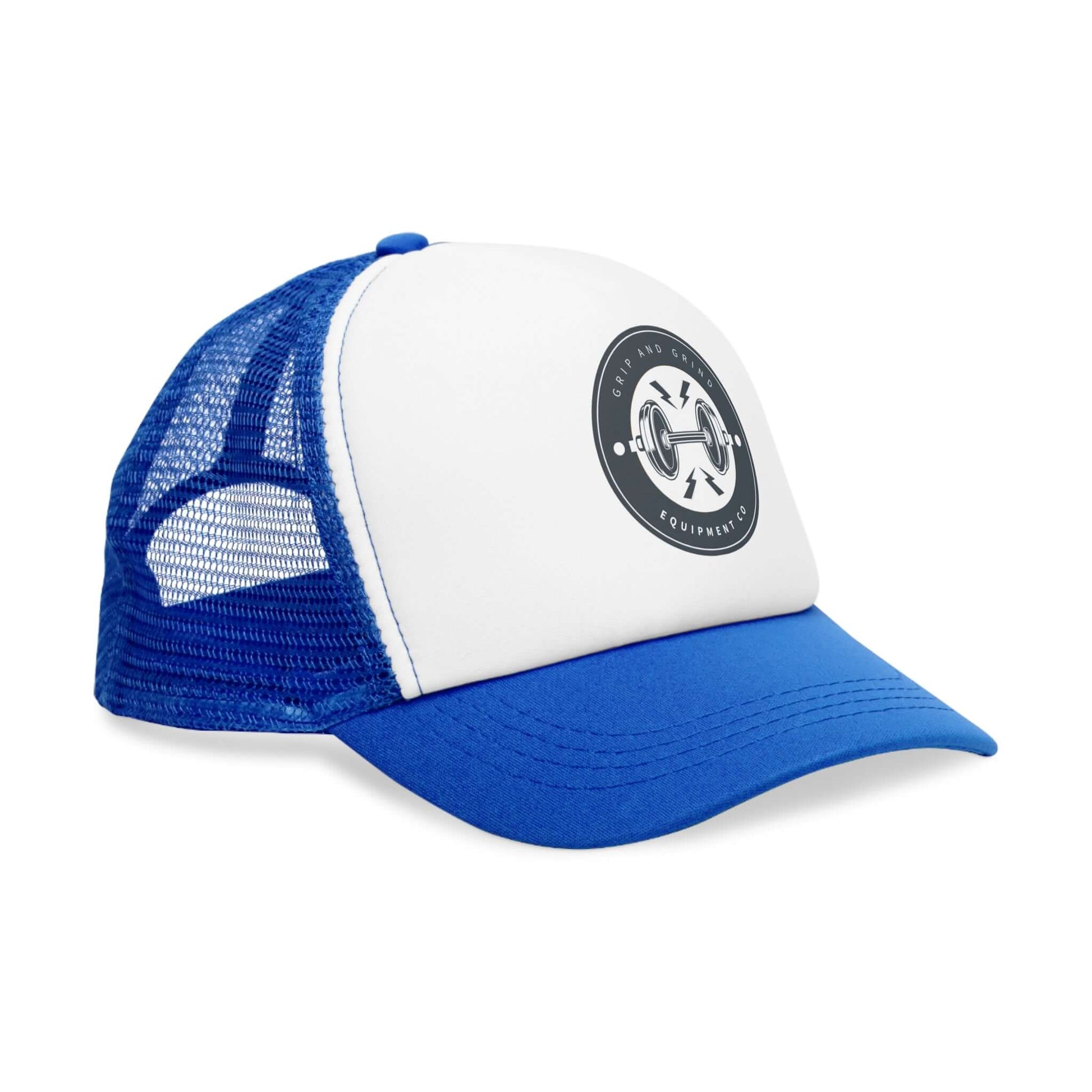 Grip and Grind Trucker Hat in blue and white, adjustable gym cap for workout enthusiasts and outdoor activities.