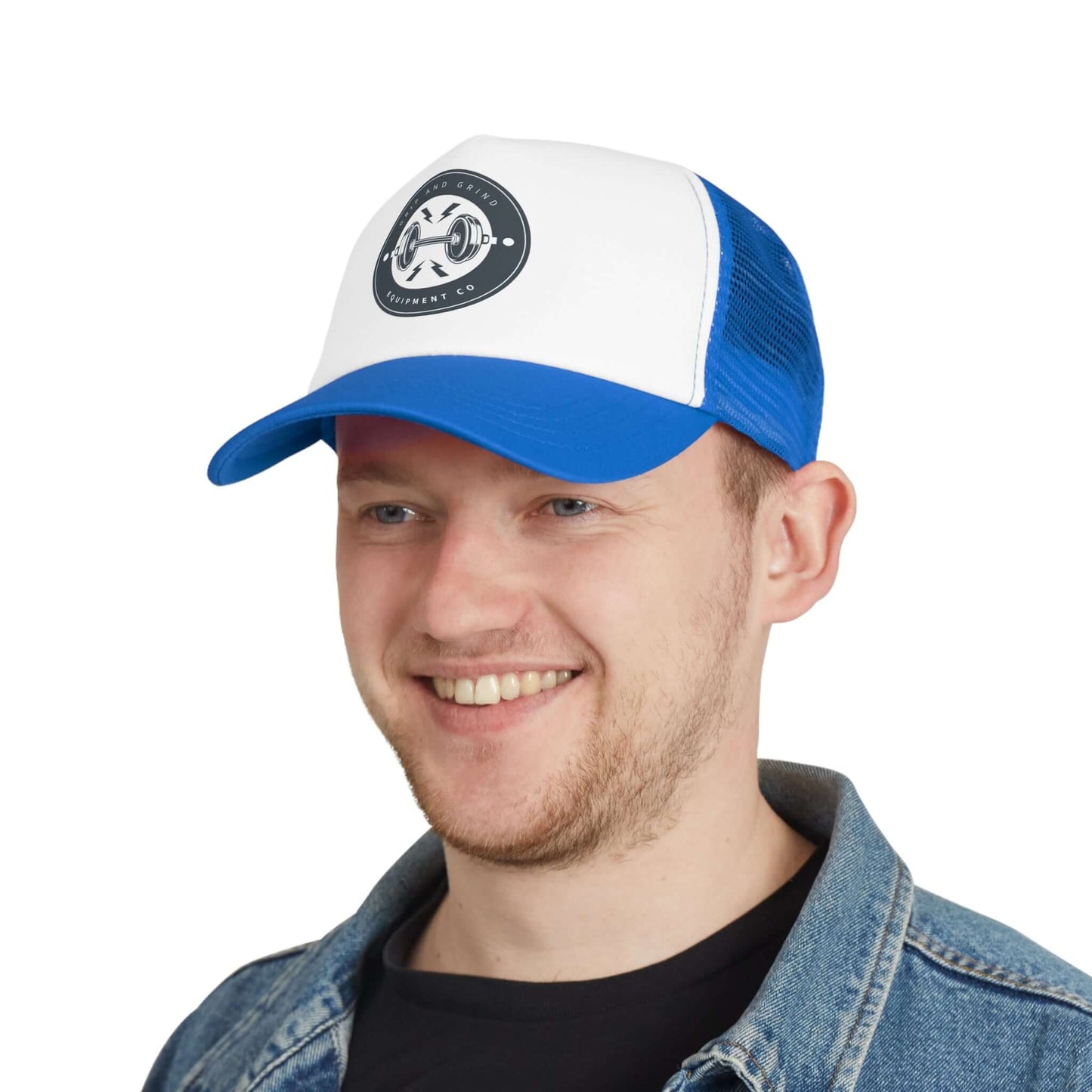 Man wearing Grip and Grind Trucker Hat, perfect for gym workouts and sunny days, featuring adjustable fit and vibrant design.