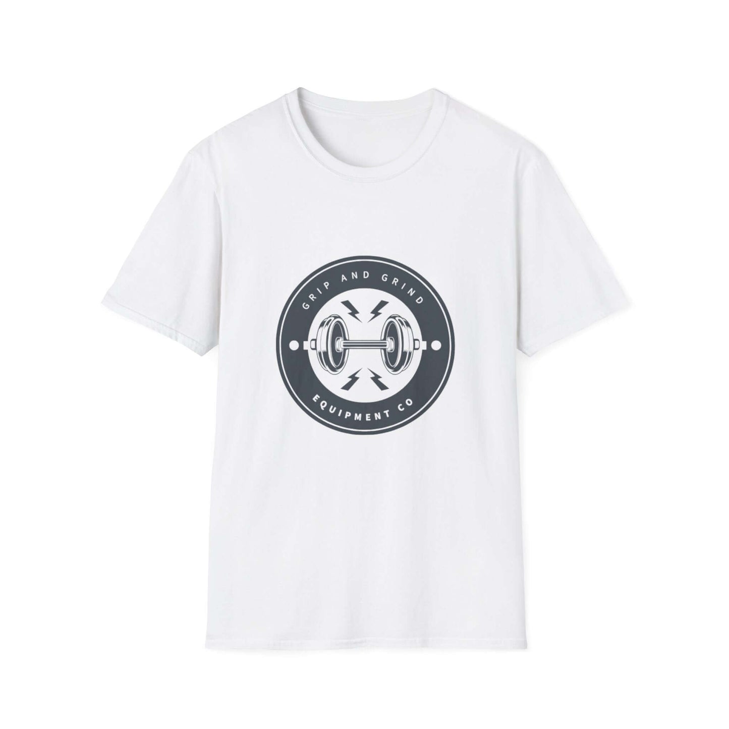 White Grip and Grind T-Shirt featuring a bold graphic logo, perfect for casual wear and fitness enthusiasts.