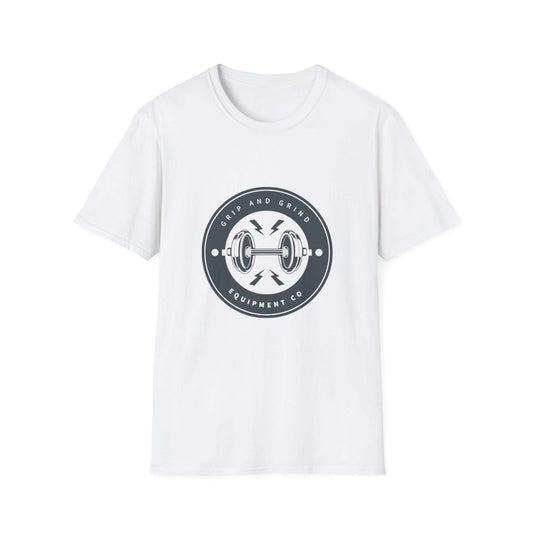 White Grip and Grind T-Shirt featuring a bold graphic logo, perfect for casual wear and fitness enthusiasts.