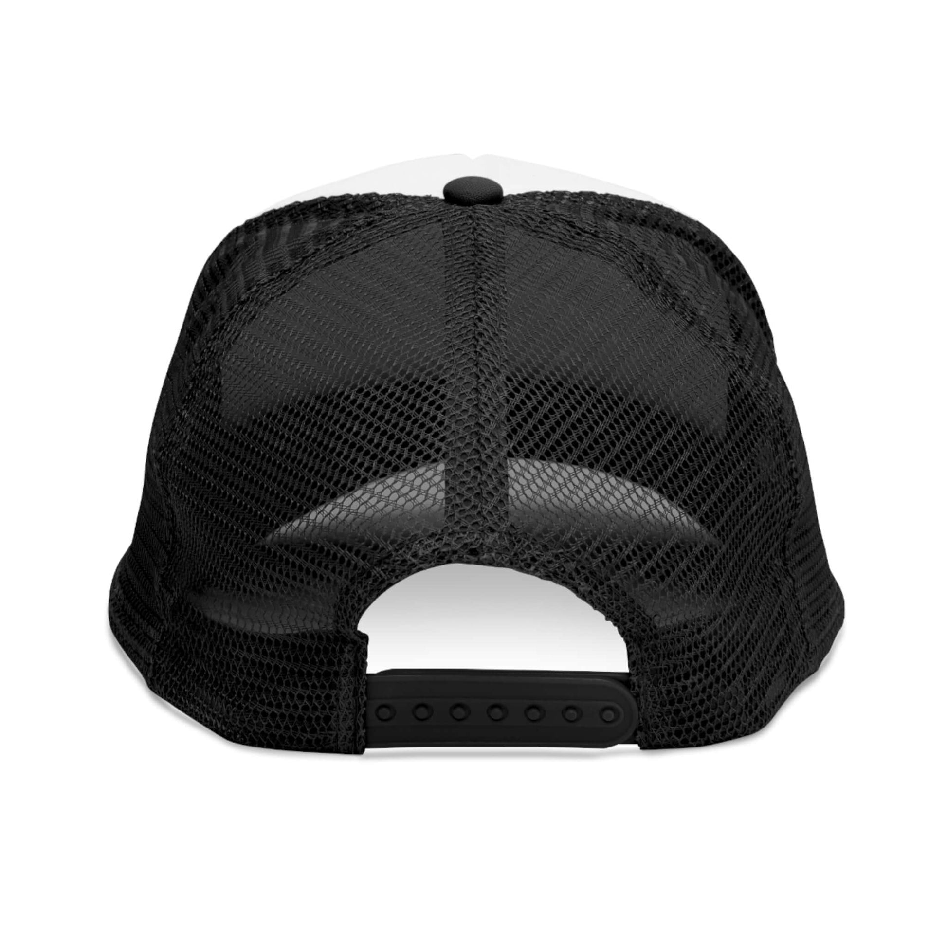 Back view of Grip and Grind Trucker Hat, featuring mesh design and adjustable strap for comfort during workouts.